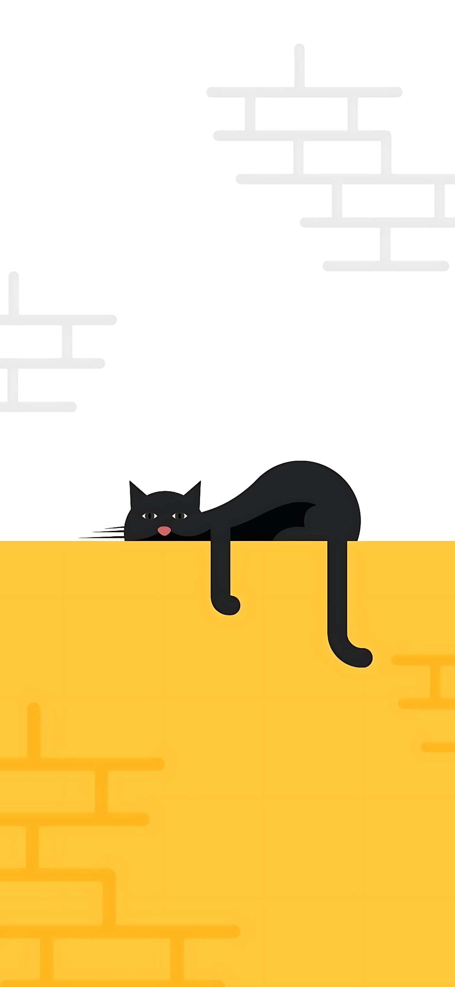 Cute black cat on a yellow brick wall, minimalist design for cat lovers | 4K Wallpaper, for Mobile