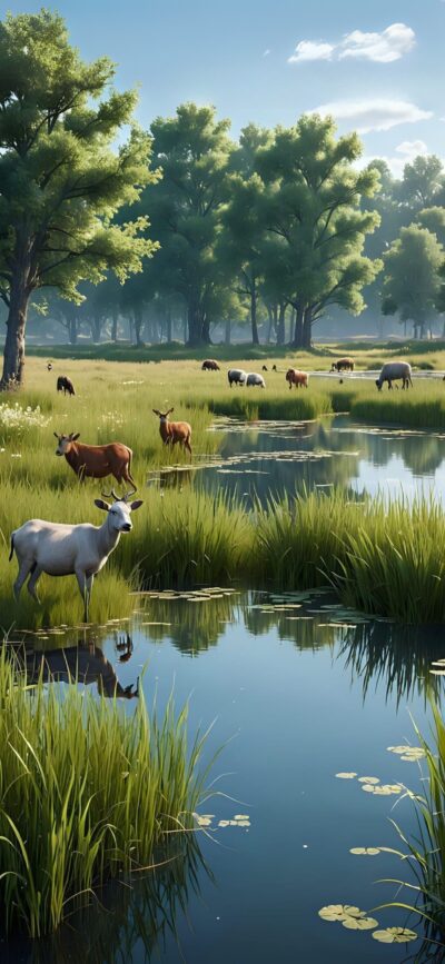 Serene landscape of grazing animals by a tranquil water body, lush green field, tall trees, blue sky | 4K Wallpaper for Mobile