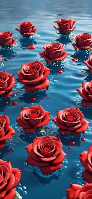 Vibrant red roses floating on serene blue water, creating a refreshing elegant scene | 4K Wallpaper, for Mobile