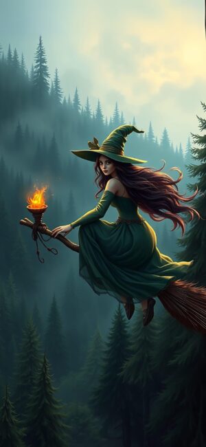 Mystical witch flying through a foggy forest with glowing sky in green dress, adding magical vibes | 4K Wallpaper for Mobile