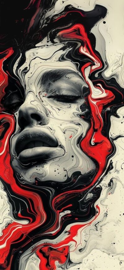 Surreal abstract design with swirling forms and a prominent face in black, red, white tones | 4K Wallpaper for Mobile