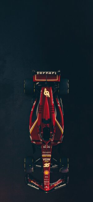 Top-down view of a Ferrari F1 car in red and black with sponsor logos | 4K Wallpaper for Mobile