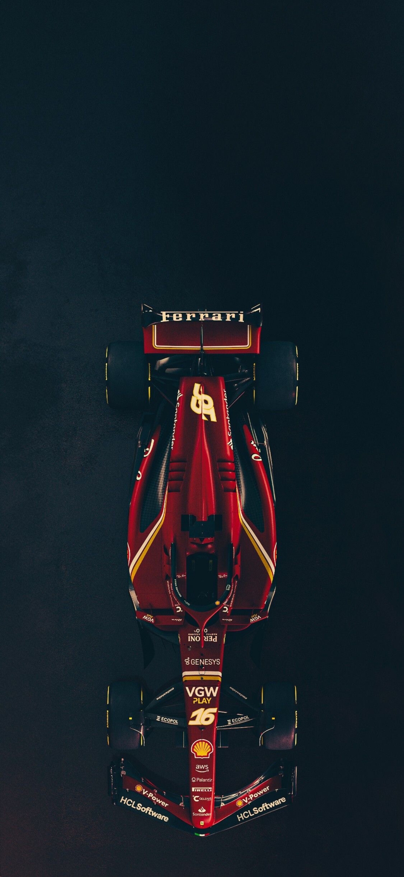 Top-down view of a Ferrari F1 car in red and black with sponsor logos | 4K Wallpaper for Mobile