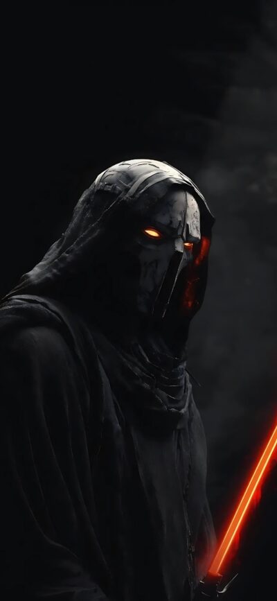 Mysterious hooded figure with glowing eyes and a lightsaber on a dark background | Star Wars theme | Black & orange | For Mobile | 4K Wallpaper