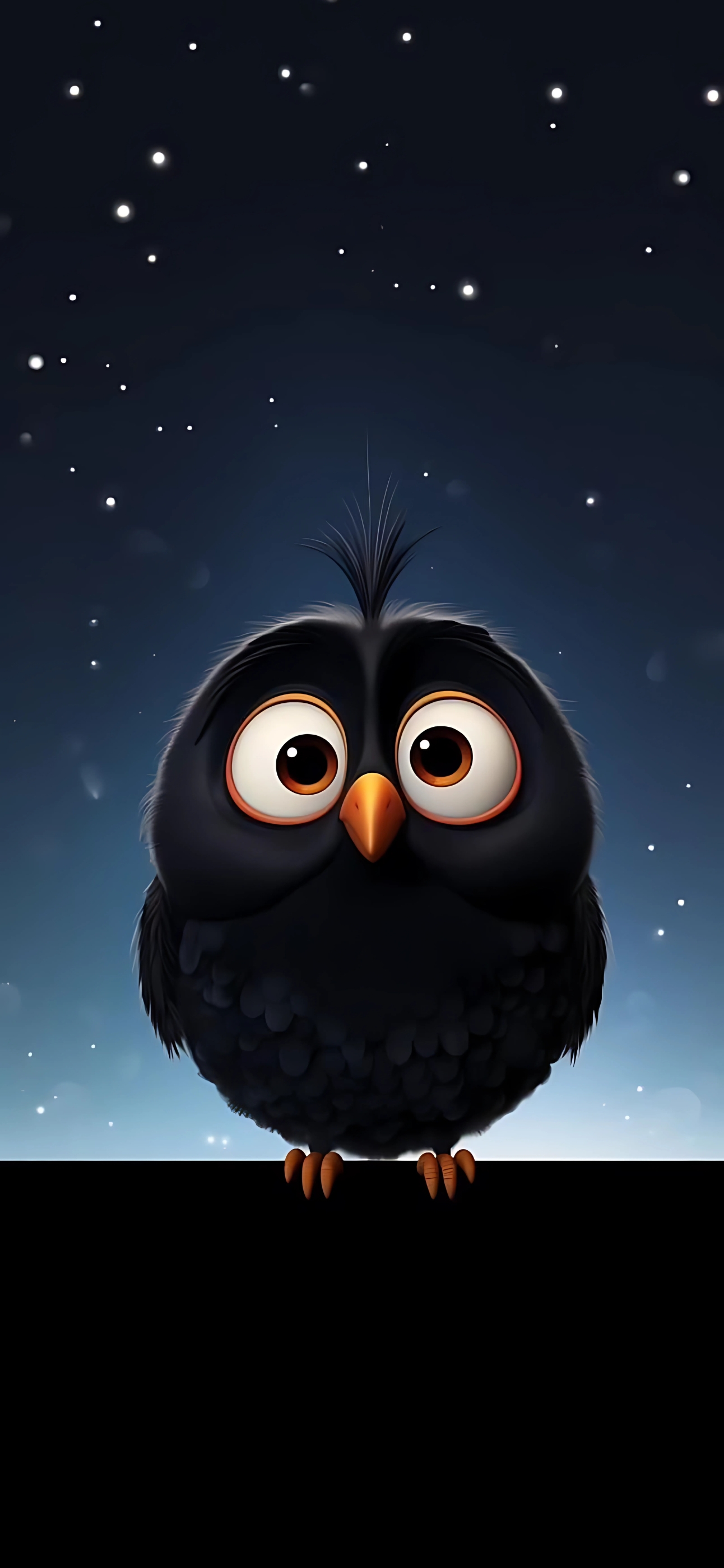 Cute cartoonish black bird with large eyes, fluffy look, tiny orange beak/feet against starry night. | 4K Wallpaper for Mobile