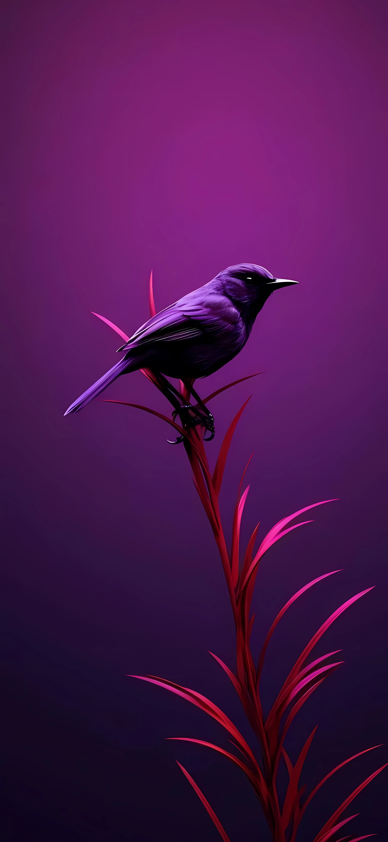 Bird on Plant | Purple & Pink | Vibrant Background | 4K Wallpaper | for Mobile