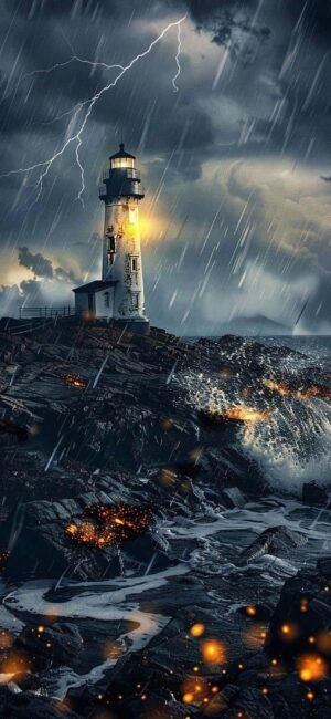 Dramatic coastal scene with a lighthouse amid a storm, lightning, and crashing waves; warm beacon glow | 4K Wallpaper for Mobile