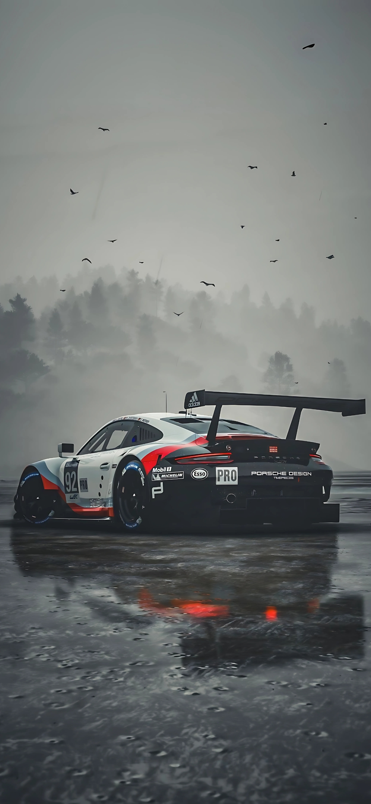 Race car in misty rain with Adidas, Mobil 1, Michelin logos; reflections, birds in gray sky | 4K Wallpaper for Mobile