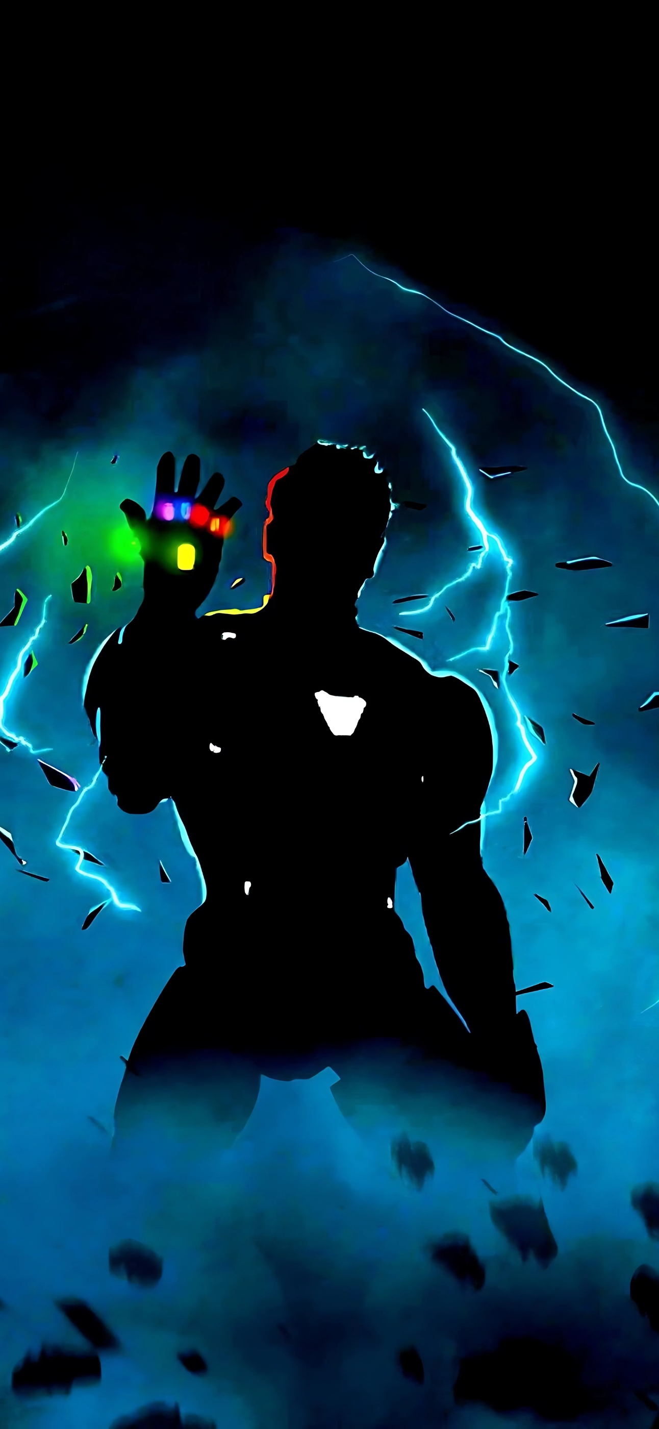 Silhouetted superhero with glowing gauntlet, blue stormy sky, lightning | 4K Wallpaper for Mobile | Blue, Black colors