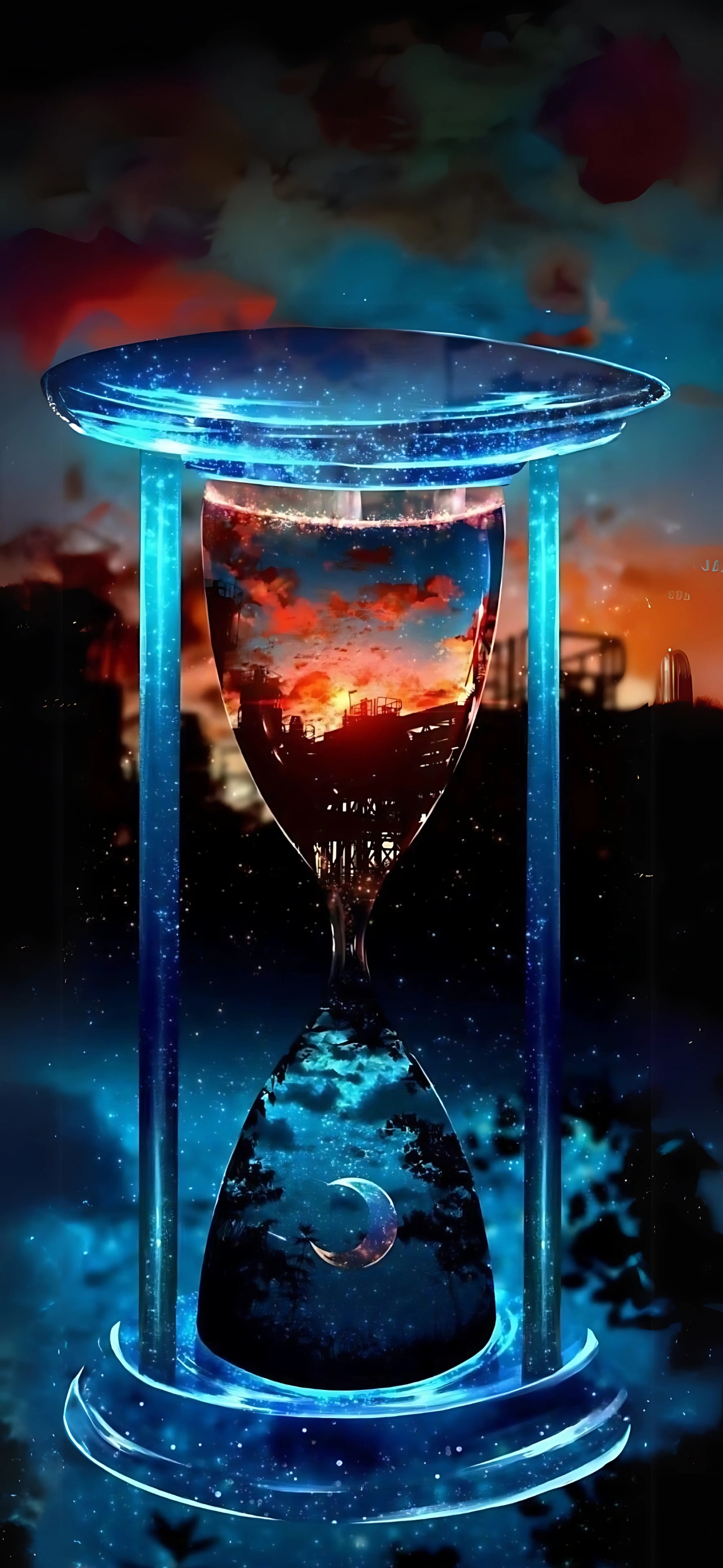 Surreal hourglass with fiery sunset and crescent moon in starry sky, blending day and night | 4K Wallpaper for Mobile