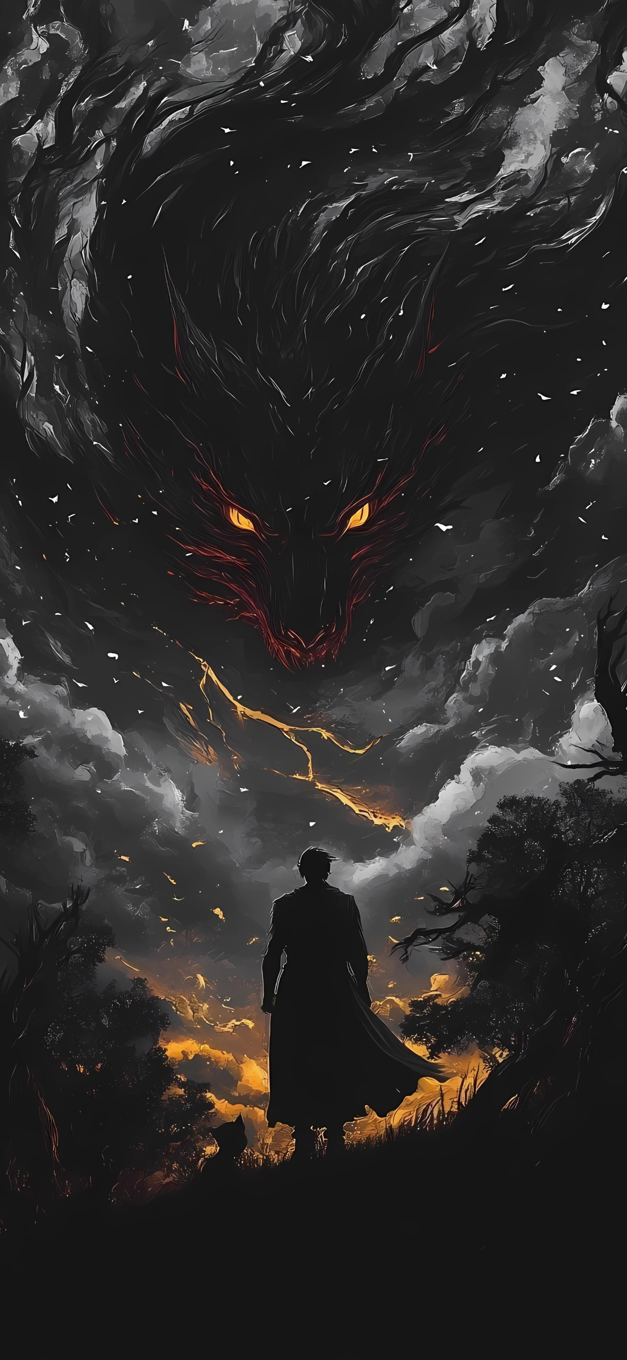 Lone figure under stormy sky with a giant glowing-eyed wolf, dark fantasy scene, suspenseful ambiance | 4K Wallpaper for Mobile