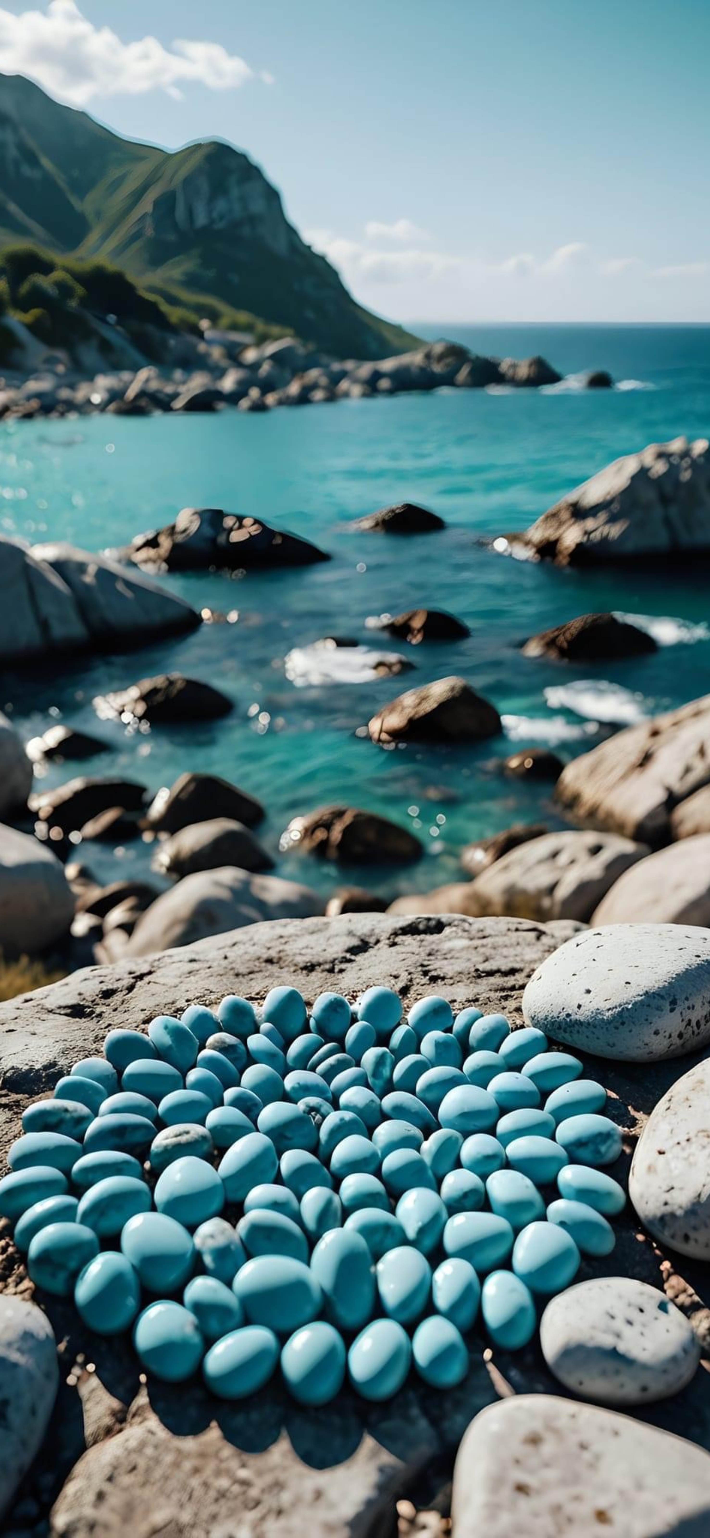 Scenic coastline with turquoise waters, rocky formations, smooth blue pebbles, green hills under clear sky | 8K Wallpaper for Mobile