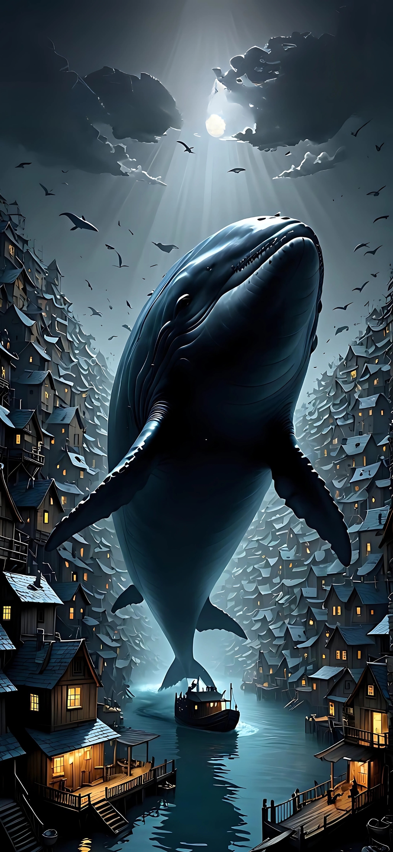 Majestic fantasy whale in a whimsical village under a serene night sky | 4K Wallpaper for Mobile | Blue, Black, Grey hues