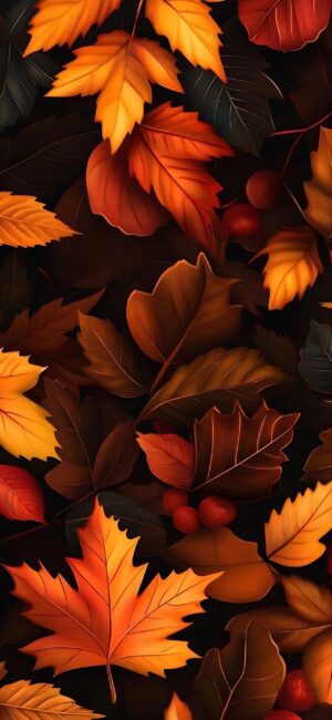 Vibrant autumn leaves in orange, red, and brown on dark background, creating a cozy fall ambiance | 4K Wallpaper for Mobile