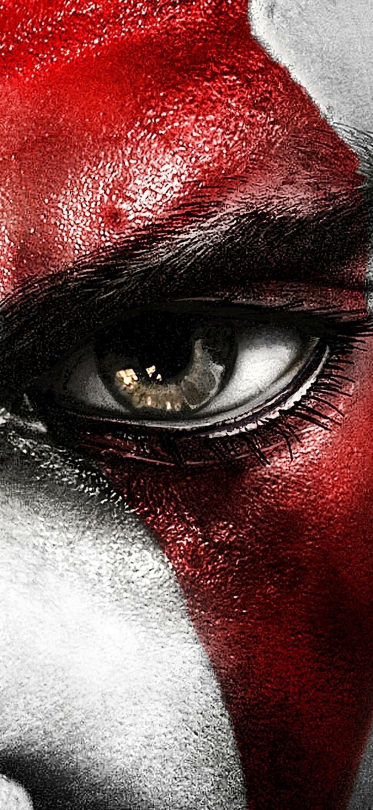 Intense eye with red markings, God of War-inspired | Red, Black, Grey | 4K Wallpaper for Mobile