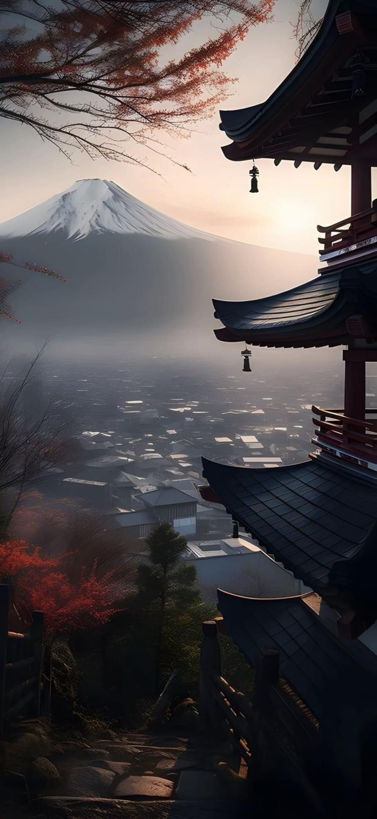 Traditional Japanese pagoda, Mount Fuji backdrop, vibrant autumn, serene mist | 4K Wallpaper for Mobile