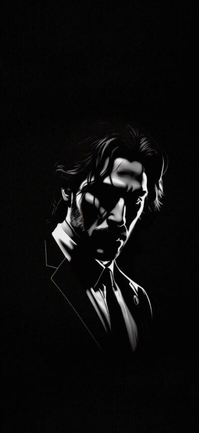 Shadowy character illustration with long hair in suit, high contrast, black and white tones | 4K Wallpaper, for Mobile