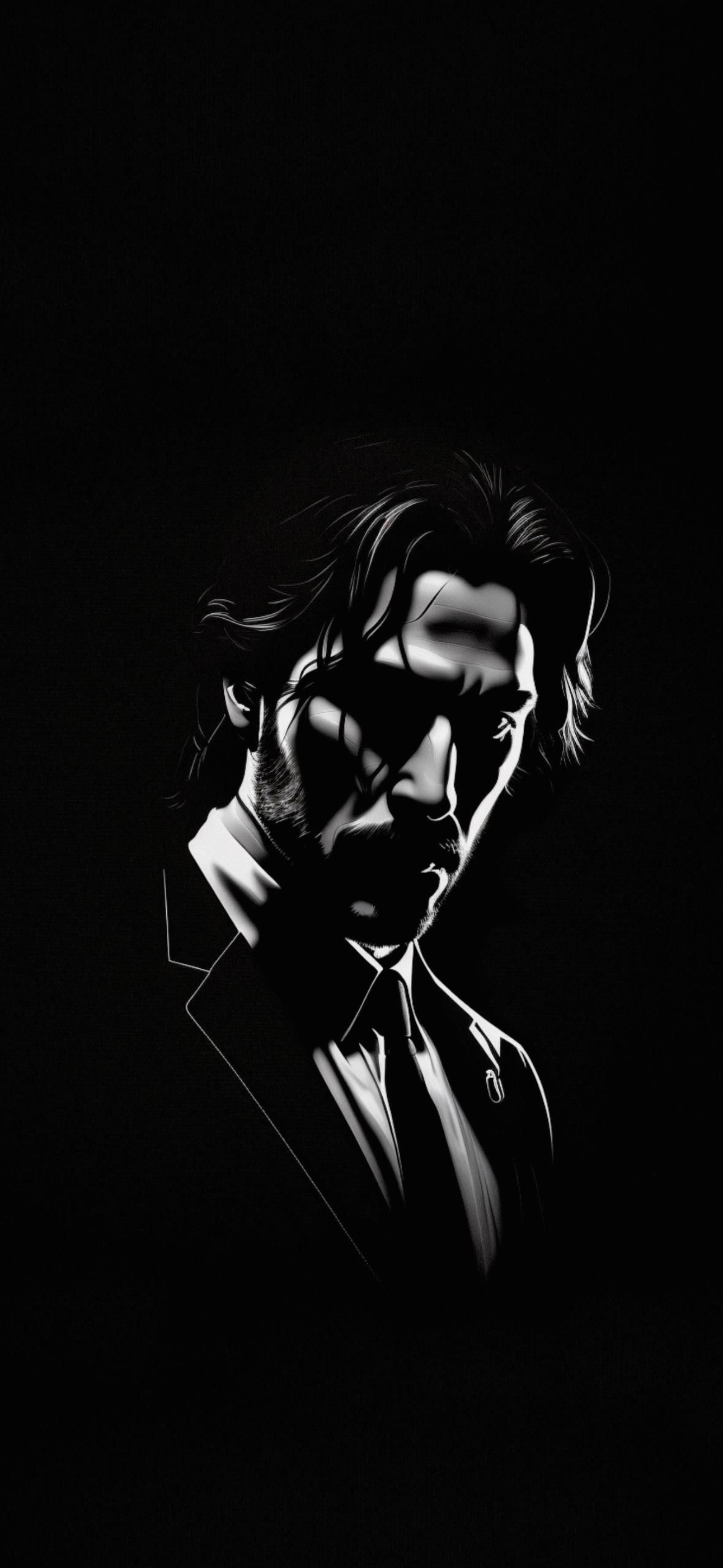 Shadowy character illustration with long hair in suit, high contrast, black and white tones | 4K Wallpaper, for Mobile