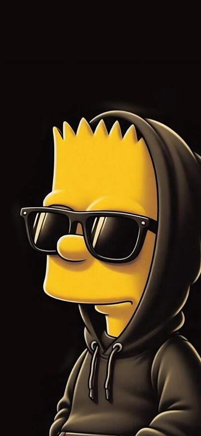 Cartoon character in hoodie and sunglasses, Simpson-like style, black & yellow colors | 4K Wallpaper, for Mobile