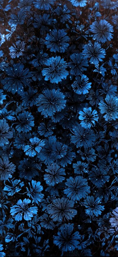 Blue floral wallpaper with luminescent flowers and star-like lights, creating a dreamy night garden feel | 4K Wallpaper for Mobile