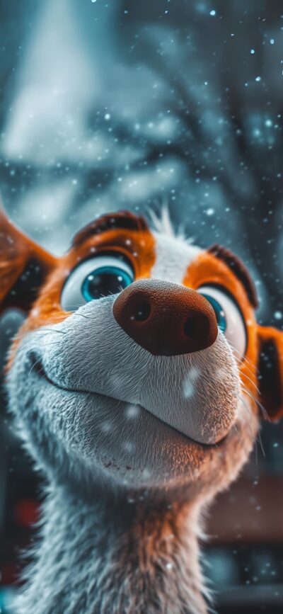 Cheerful animated dog with blue eyes in snowy setting | 4K Wallpaper for Mobile