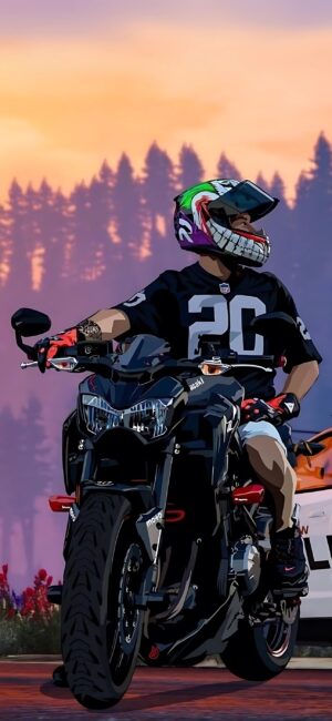 Motorcyclist with colorful helmet & black jersey rides in front of a sunset-lit forest silhouette. | 4K Wallpaper for Mobile