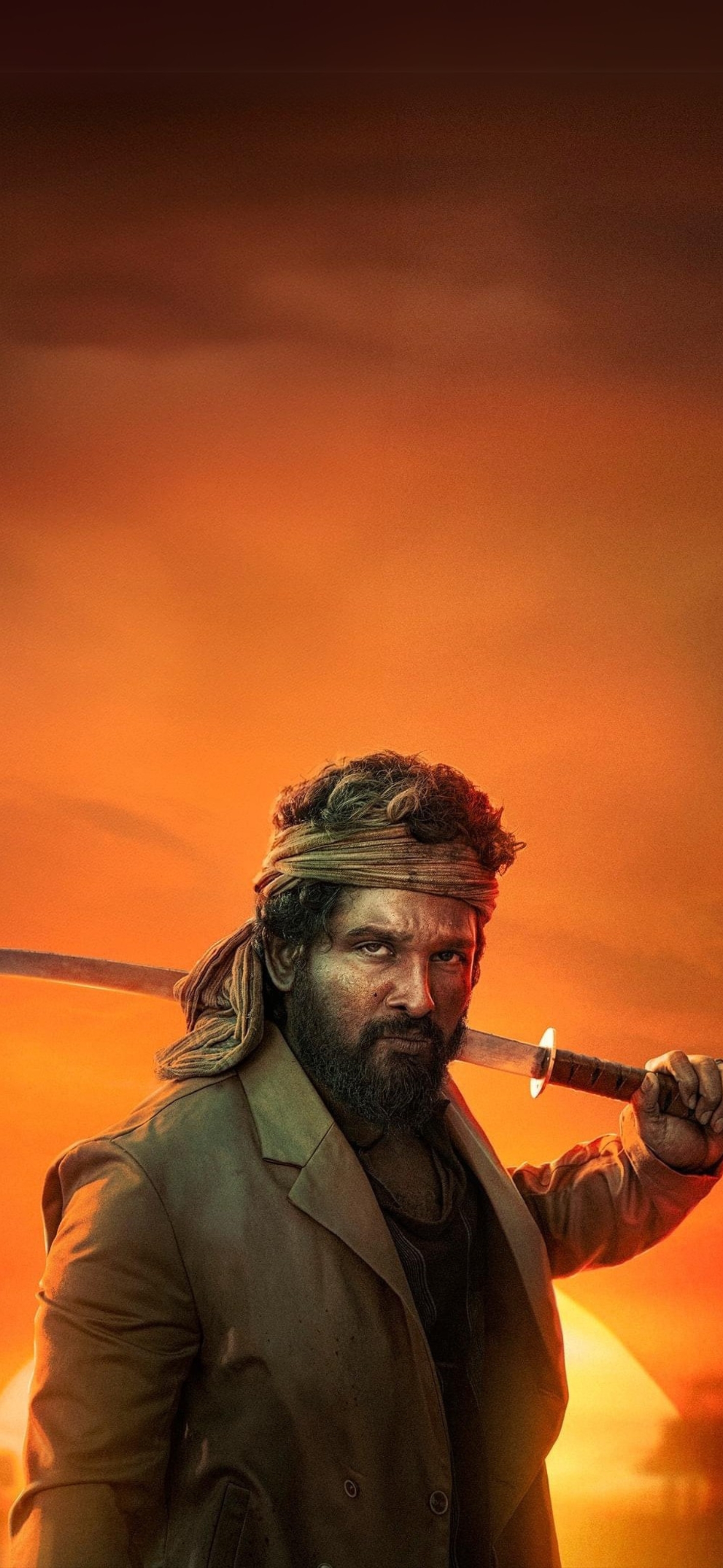 Rugged warrior with a sword on an orange background, embodying strength and adventure | 4K Wallpaper for Mobile