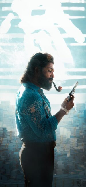 Stylish man with beard in blue shirt smoking pipe, holding revolver against money backdrop with cinematic effects | 4K Wallpaper for Mobile