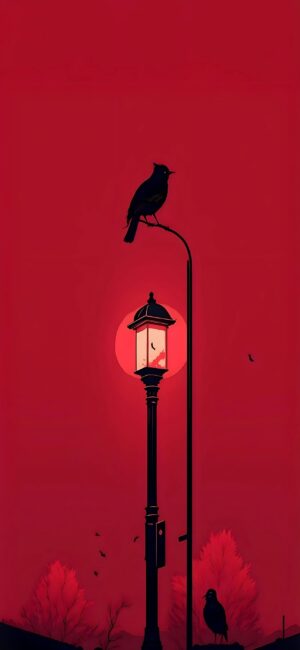 Crow silhouette on vintage streetlamp with crows and branches against vivid red | 4K Wallpaper for Mobile