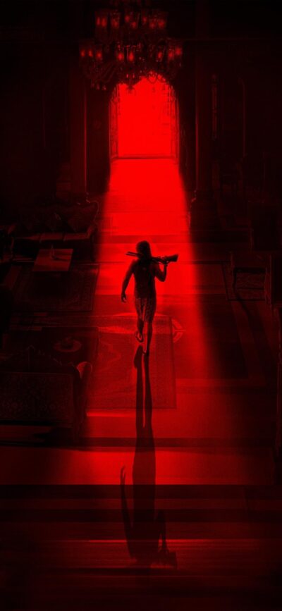 Silhouette in a red-lit corridor carrying a weapon, creating suspense & mystery | 4K Wallpaper for Mobile | Red, Mystery, Dramatic, Suspense