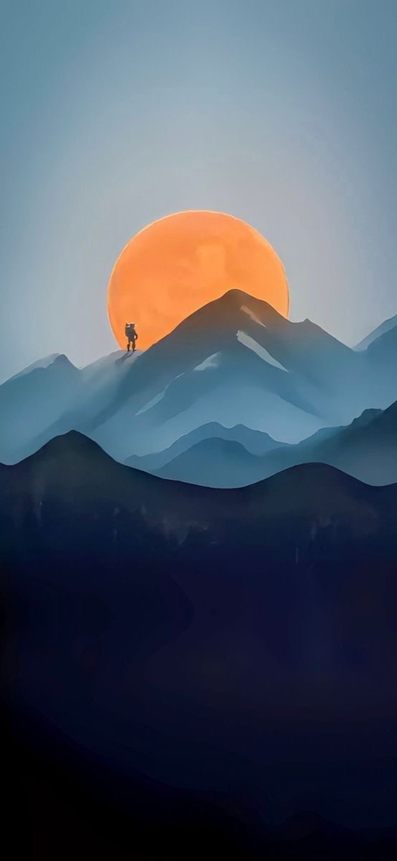 Mountain silhouette with orange moon and blue tones | Adventure, tranquility | 4K Wallpaper for Mobile