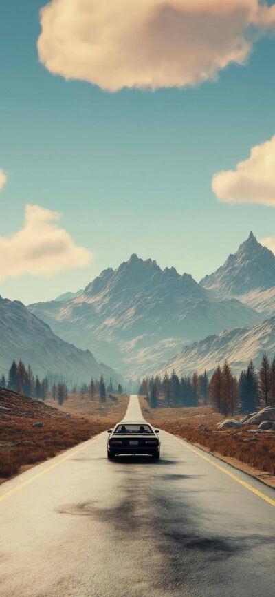 Open road with car, majestic mountains, autumn trees, partly cloudy sky | 4K Wallpaper for Mobile | Blue, Brown, Grey