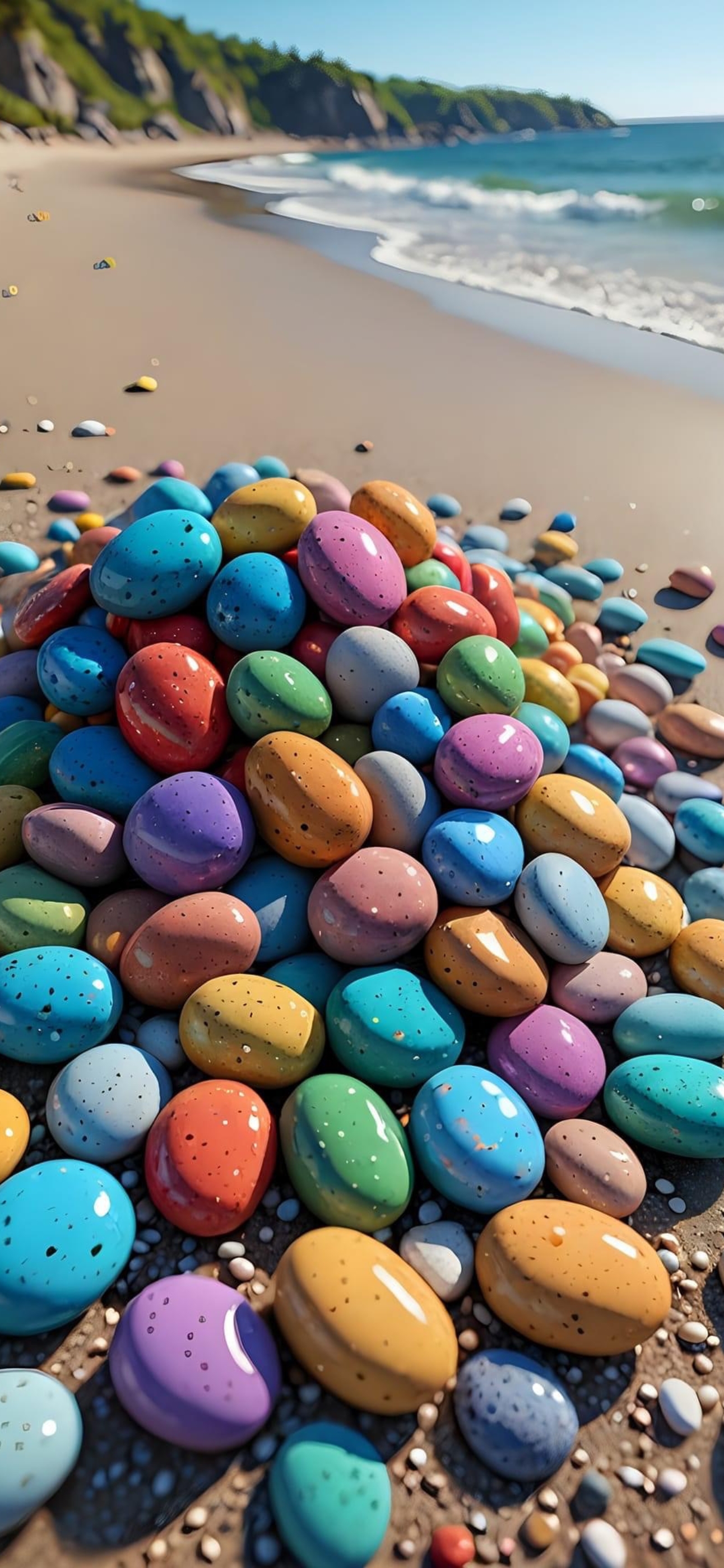 Colorful Pebbles on Beach Scene with Ocean Waves & Rocky Coastline | For Mobile | 4K Wallpaper