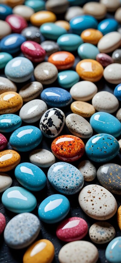 Colorful polished stones with hues of blue, orange, white, black, and red | 4K Wallpaper for Mobile