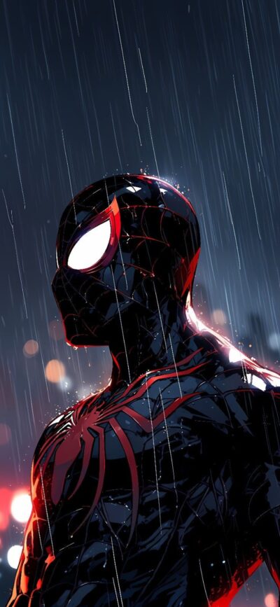 Spider-Man in a black and red suit amid rain, with a vivid web pattern, in a gritty night scene. | 4K Wallpaper for Mobile