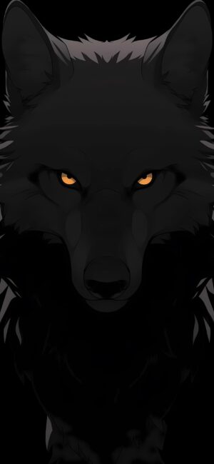 Wolf with glowing amber eyes on black background | Dark, mystical aura | 4K Wallpaper for Mobile | Black, Amber colors