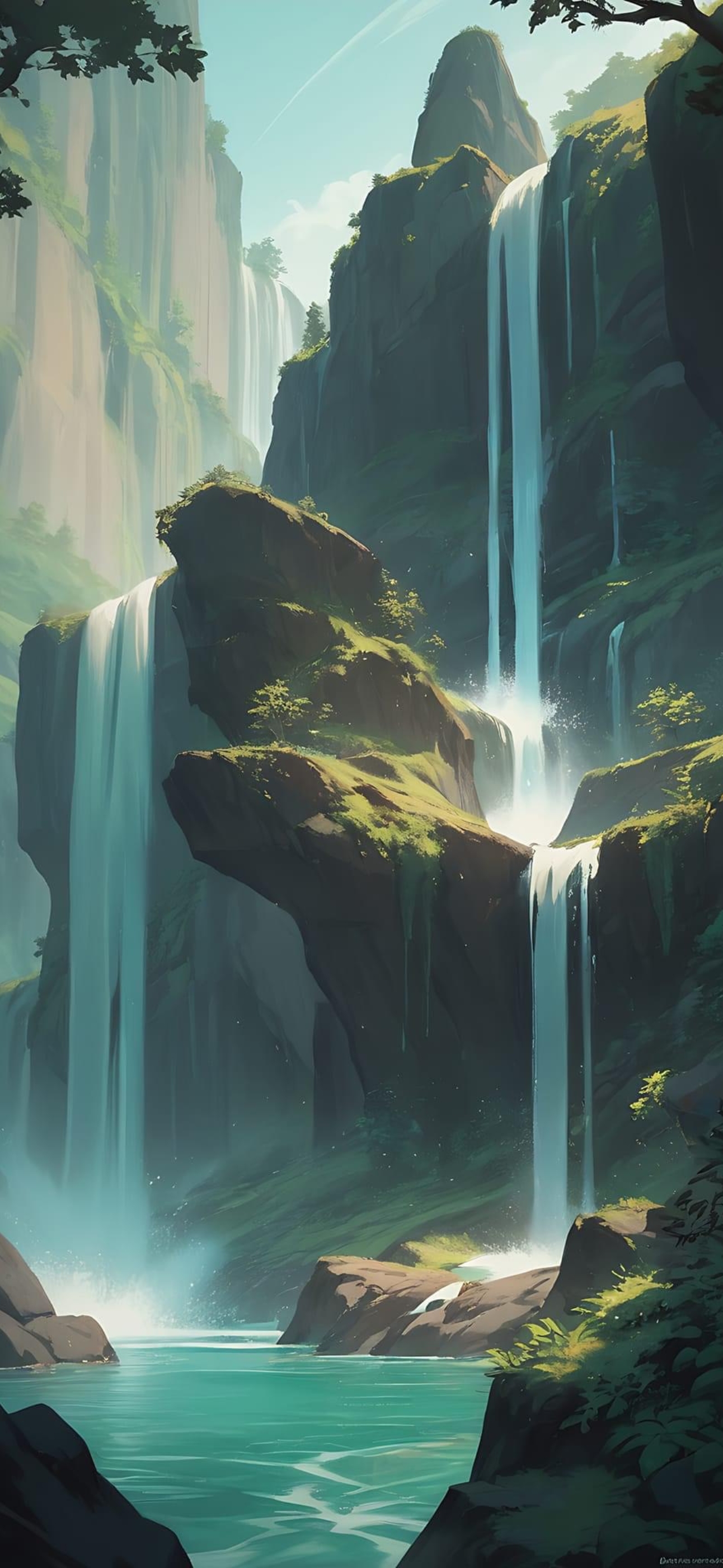 A serene waterfall flows down lush green cliffs into a tranquil pool, softened by sunlight. | 4K Wallpaper for Mobile