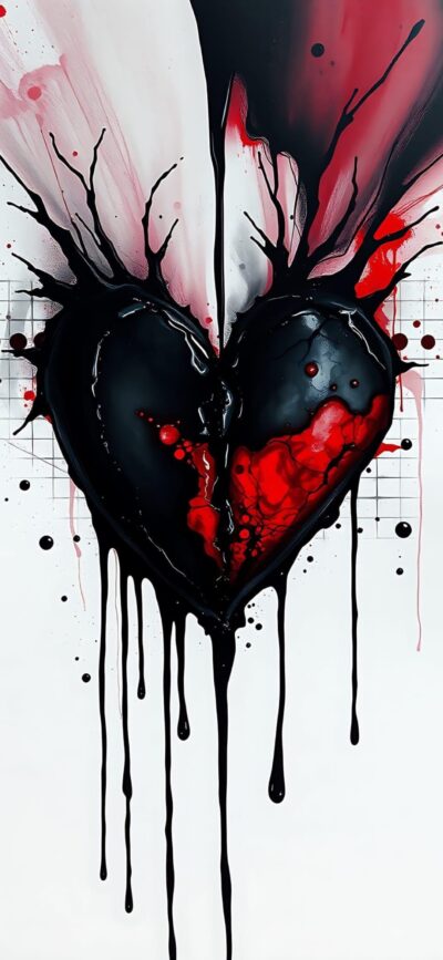 Striking abstract heart design with black, red & white ink-like streaks | 4K Wallpaper for Mobile