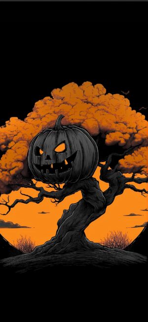 Sinister pumpkin carved in a tree trunk with smoky orange clouds for a spooky Halloween vibe | 4K Wallpaper for Mobile