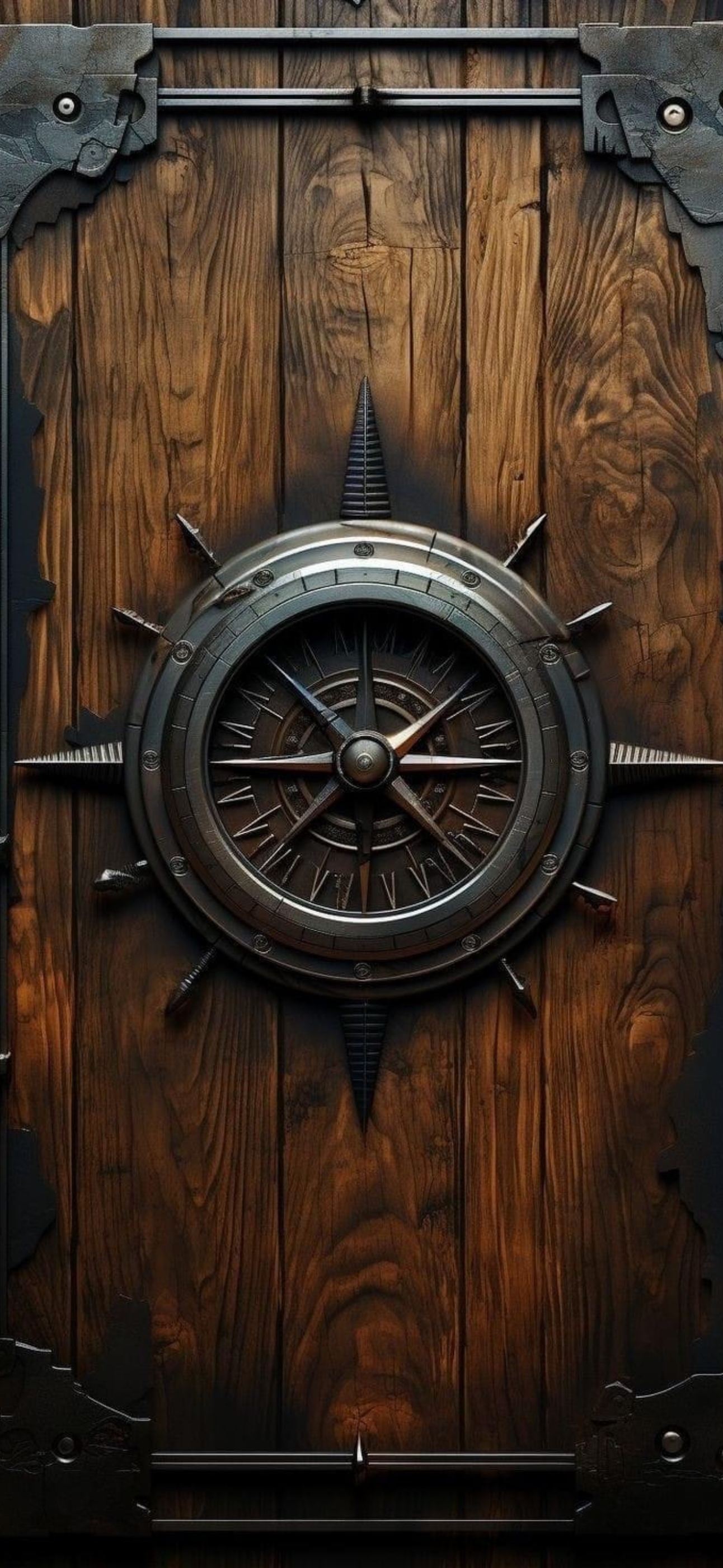 Steampunk-inspired wooden door with metallic elements and central compass structure, vintage industrial design | 4K Wallpaper for Mobile