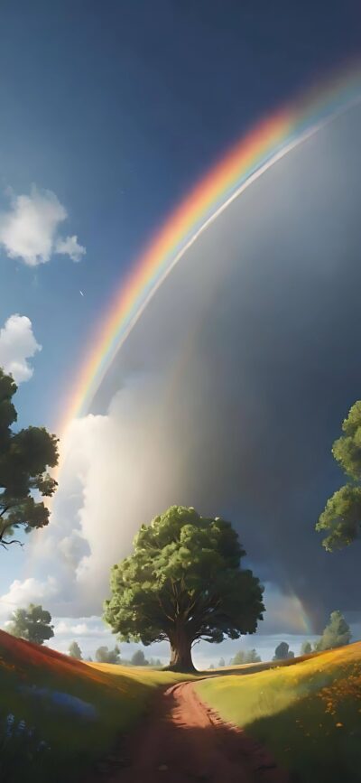 Rainbow arches over partly cloudy sky with a tree and winding dirt path through golden fields | 4K Wallpaper for Mobile