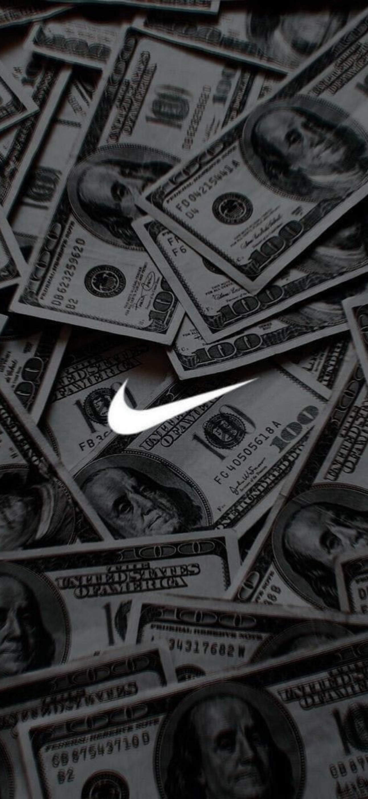 Nike logo on a hundred-dollar bill pattern; wealth meets branding. Green, black hues | 4K Wallpaper for Mobile