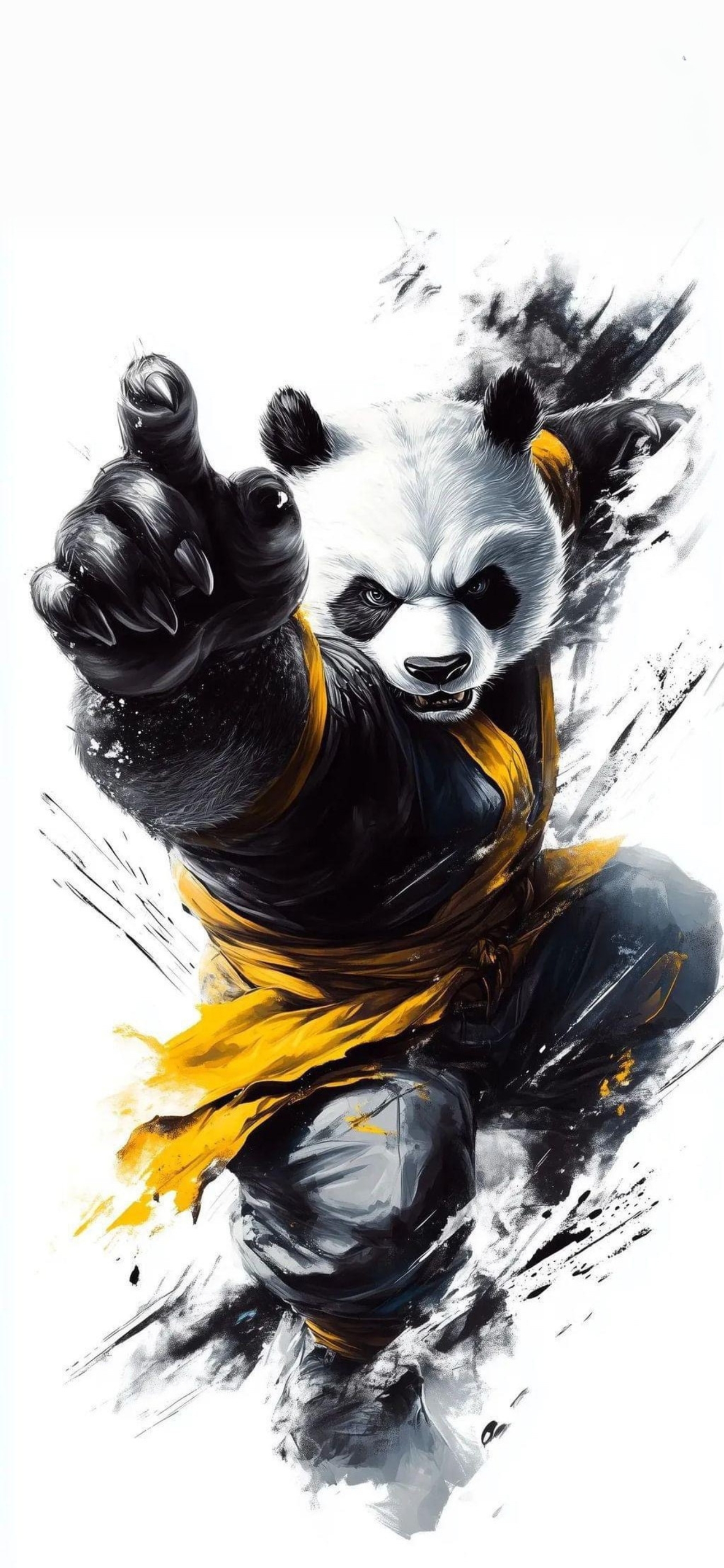 Panda in martial arts pose with fierce expression on brushstroke background. Primary colors: white, black, yellow. | 4K Wallpaper, for Mobile