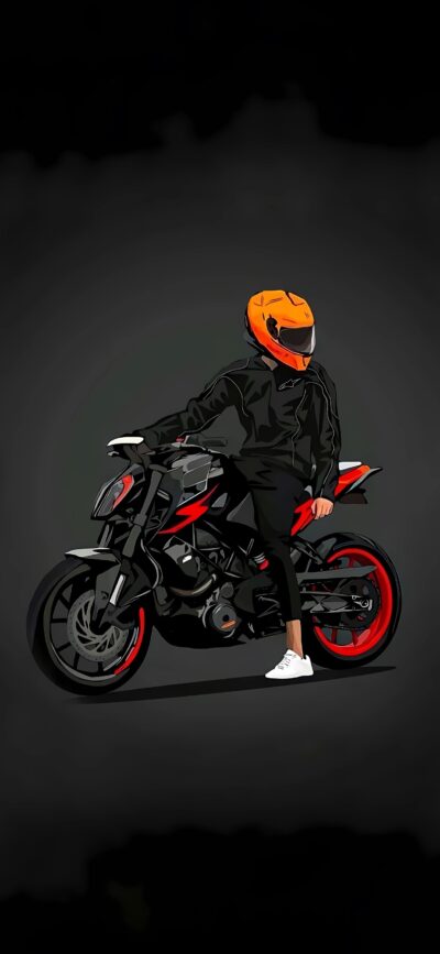 Stylized person with orange helmet, black-red motorcycle, and black outfit on dark background | 4K Wallpaper for Mobile