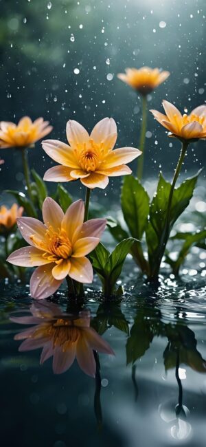 Orange flowers with raindrops reflecting on calm water, evoking tranquility and nature's beauty | 4K Wallpaper for Mobile