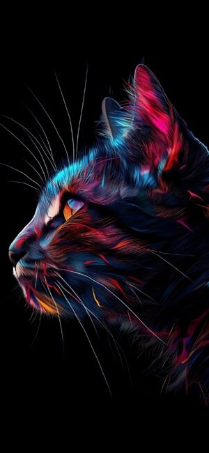 Artistic close-up of a cat in vibrant blue, red, and orange hues on a dark background for mobile | 4K Wallpaper