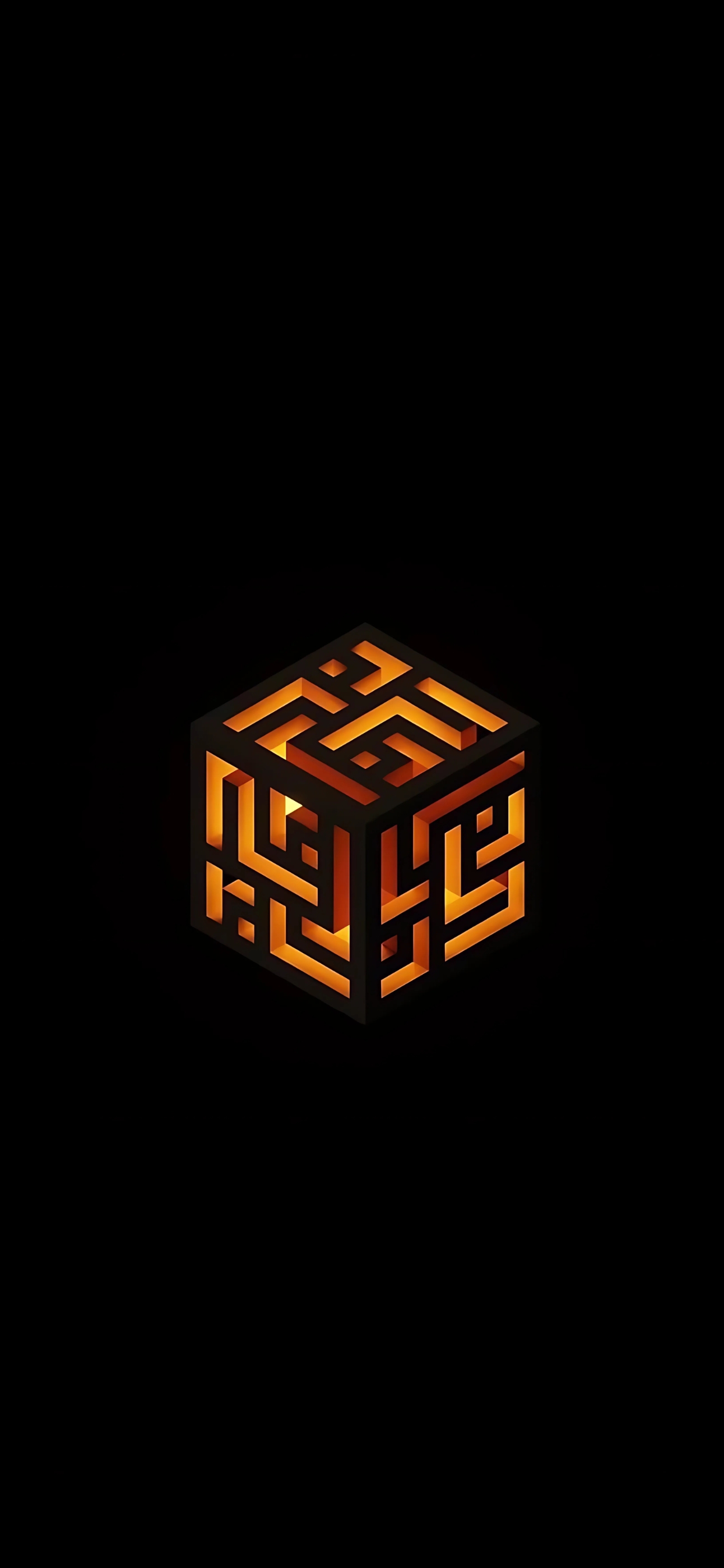 Glowing cube with geometric patterns, amber light on black background for a mysterious effect | 4K Wallpaper, for Mobile