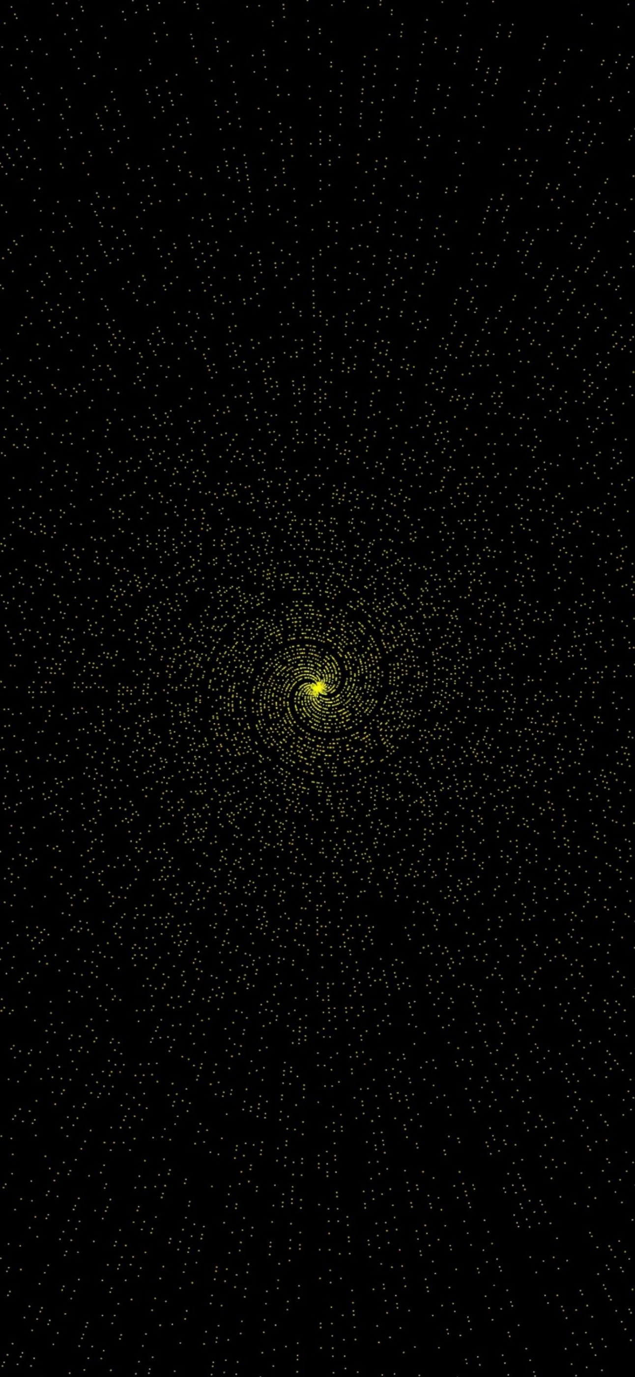 Swirling vortex of yellow dots on black background, resembling a starry sky or galaxy. | 4K Wallpaper, for Mobile