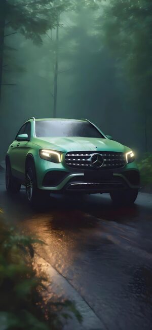 Mercedes-Benz SUV on a misty forest road highlights its modern design in a serene setting. Ideal for a mobile device. | 4K Wallpaper