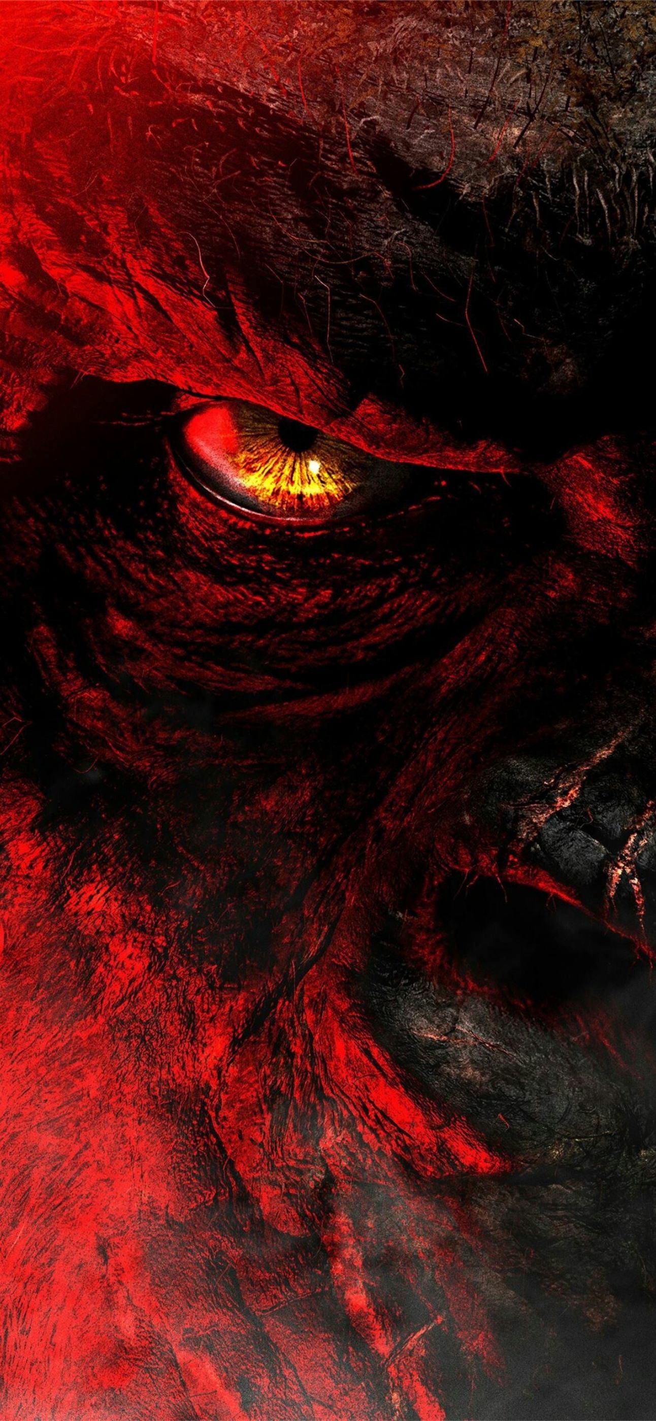 Fiery eye with red and black textures suggests a fantasy creature | 4K Wallpaper for Mobile | Red, Black, Fantasy, Mythical Creature